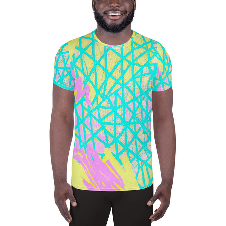 Mens Stretch Fit Athletic Sports T-shirt - Cyan Blue Lime Green and Pink