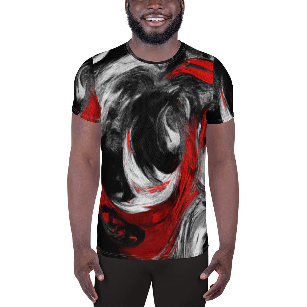 Mens Stretch Fit Athletic Sports T-shirt - Decorative Black Red White