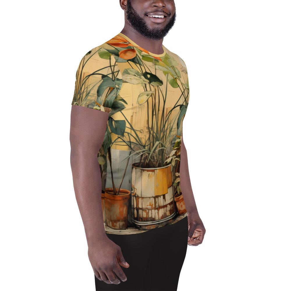Mens Stretch Fit Athletic Sports T-shirt - Earthy Rustic Potted Plants