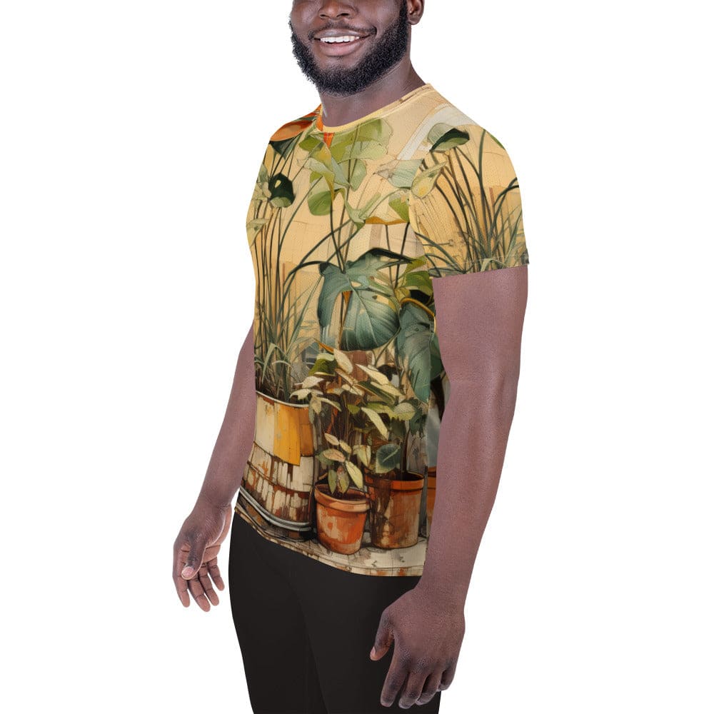 Mens Stretch Fit Athletic Sports T-shirt - Earthy Rustic Potted Plants