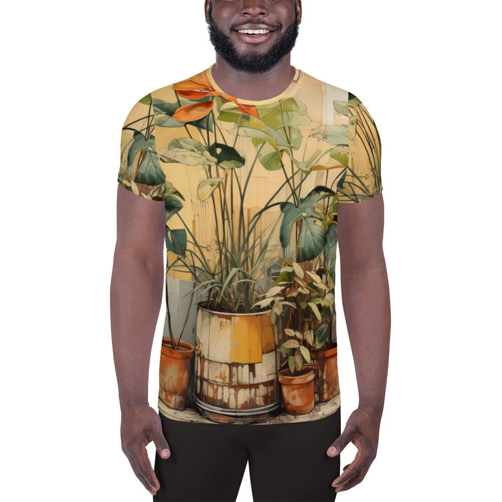 Mens Stretch Fit Athletic Sports T-shirt - Earthy Rustic Potted Plants