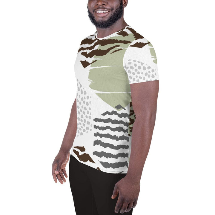 Mens Stretch Fit Athletic Sports T-shirt - Brown Green Grey Geometric