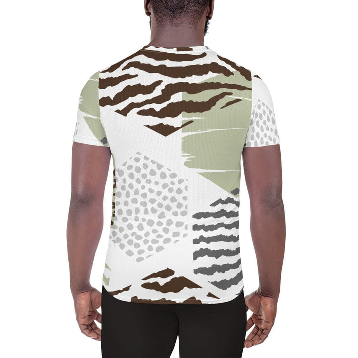 Mens Stretch Fit Athletic Sports T-shirt - Brown Green Grey Geometric