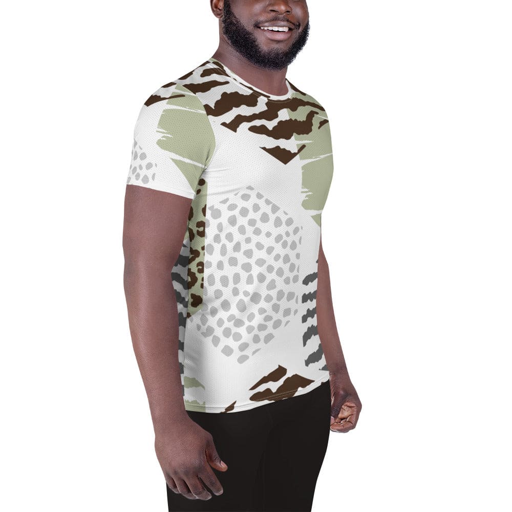 Mens Stretch Fit Athletic Sports T-shirt - Brown Green Grey Geometric