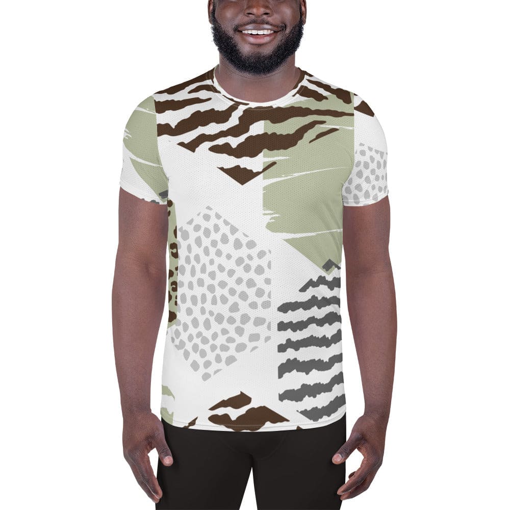 Mens Stretch Fit Athletic Sports T-shirt - Brown Green Grey Geometric