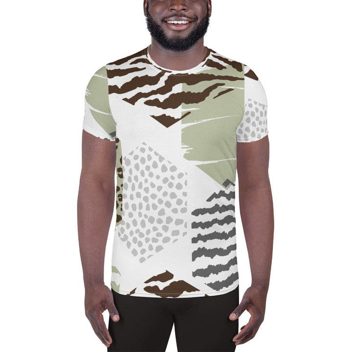 Mens Stretch Fit Athletic Sports T-shirt - Brown Green Grey Geometric