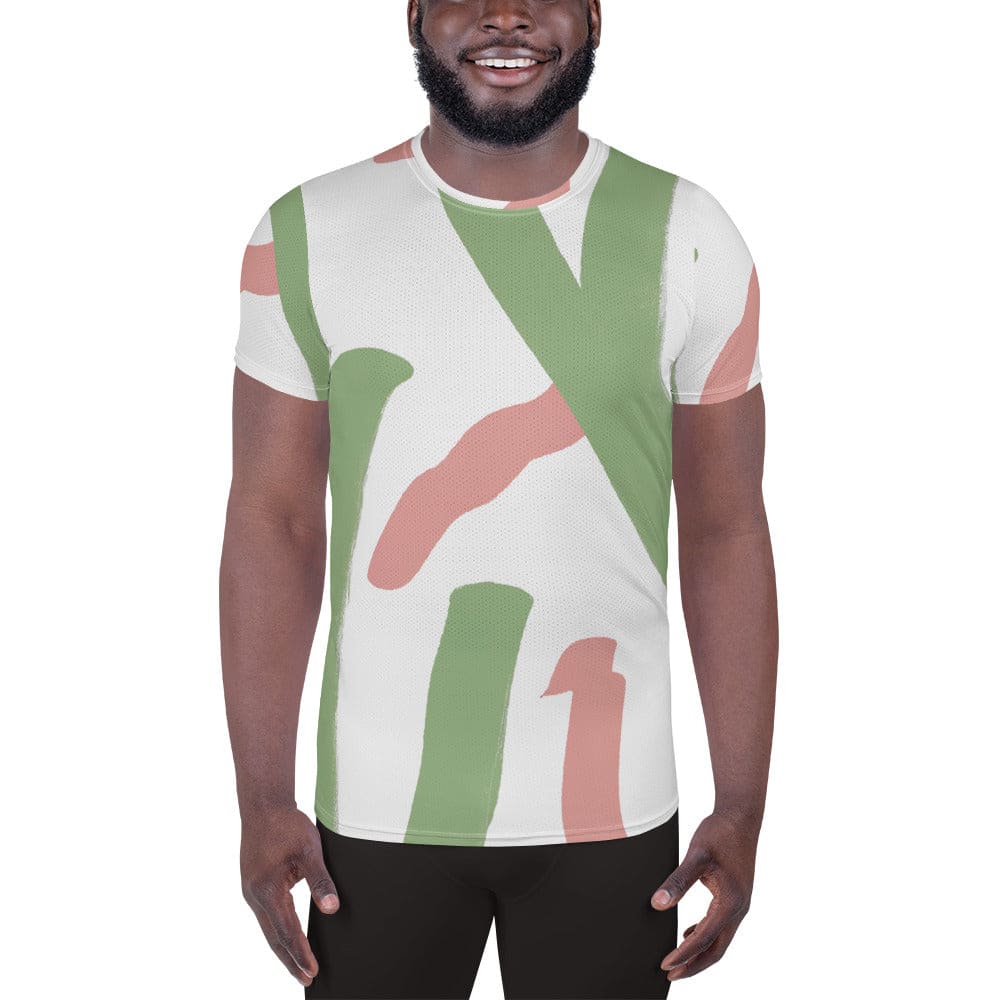 Mens Stretch Fit Athletic Sports T-shirt - Green Mauve Abstract Brush
