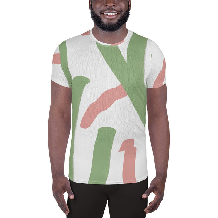 Mens Stretch Fit Athletic Sports T-shirt - Green Mauve Abstract Brush