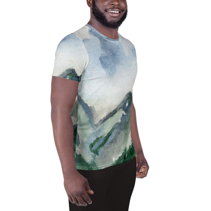 Mens Stretch Fit Athletic Sports T-shirt - Green Mountainside Nature