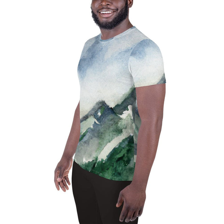 Mens Stretch Fit Athletic Sports T-shirt - Green Mountainside Nature