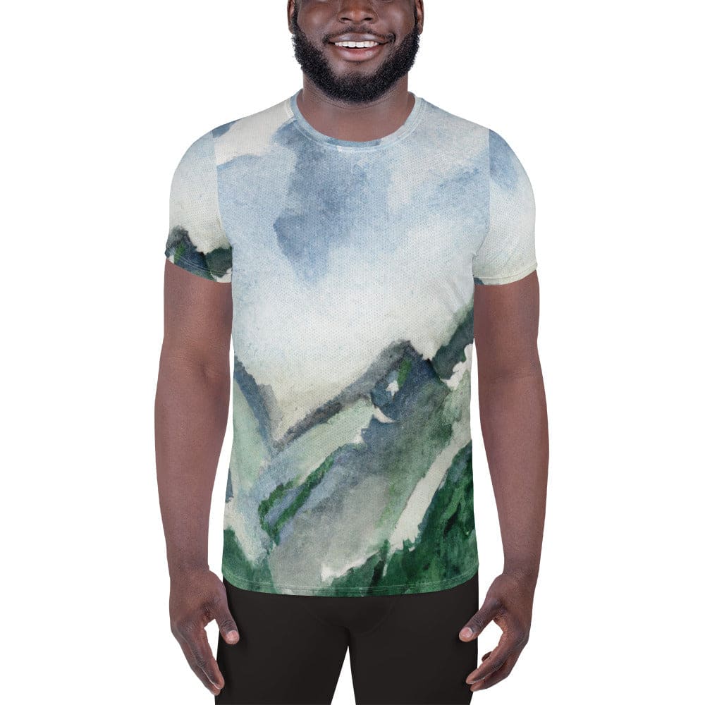 Mens Stretch Fit Athletic Sports T-shirt - Green Mountainside Nature