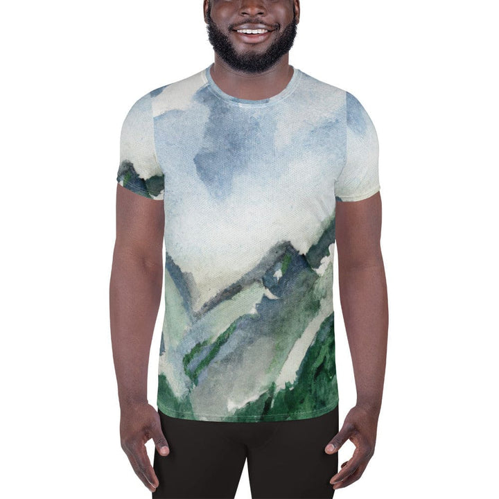 Mens Stretch Fit Athletic Sports T-shirt - Green Mountainside Nature