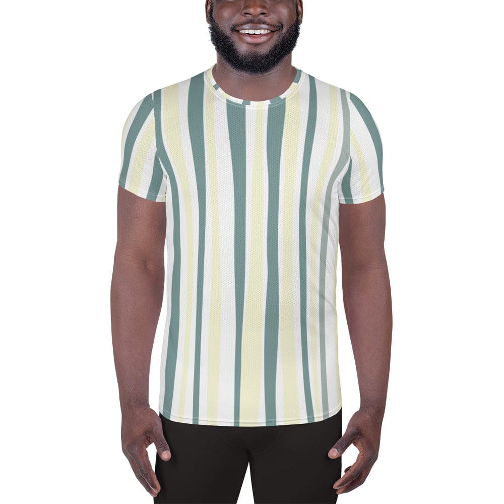Mens Stretch Fit Athletic Sports T-shirt - Green Yellow Geometric Lines