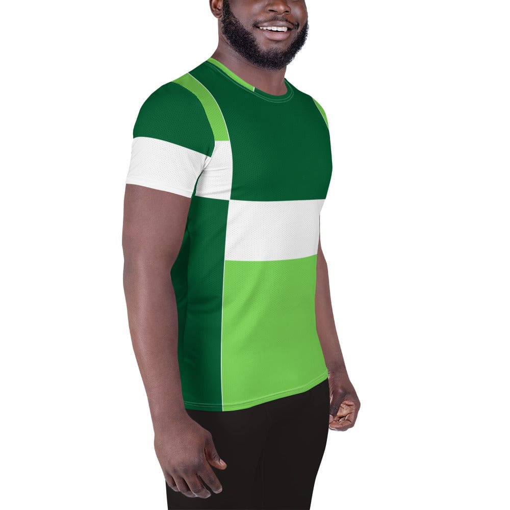 Mens Stretch Fit Athletic Sports T-shirt - Green White Colorblock Grid