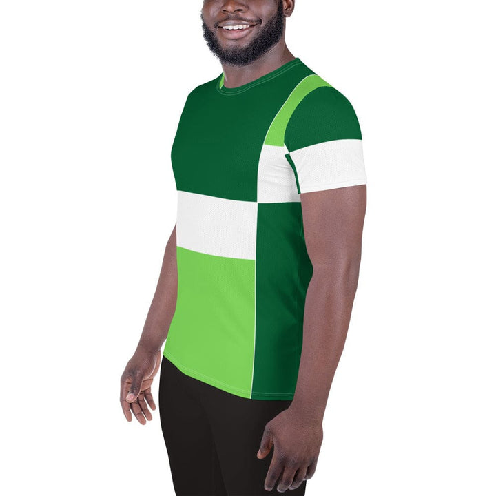 Mens Stretch Fit Athletic Sports T-shirt - Green White Colorblock Grid