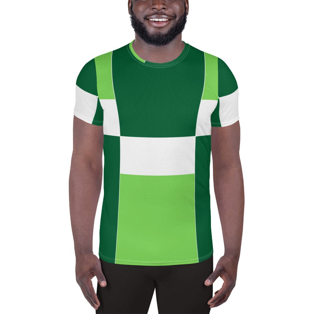 Mens Stretch Fit Athletic Sports T-shirt - Green White Colorblock Grid
