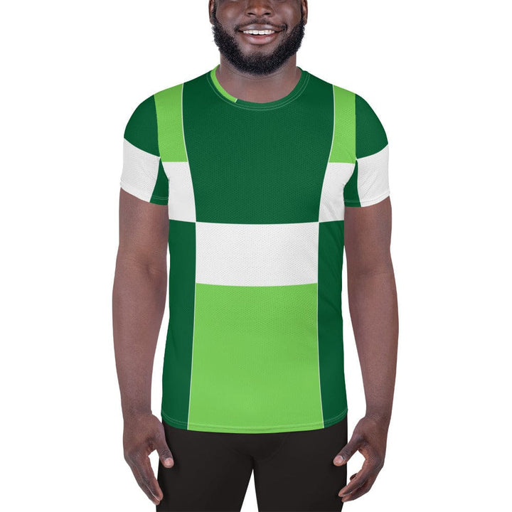 Mens Stretch Fit Athletic Sports T-shirt - Green White Colorblock Grid