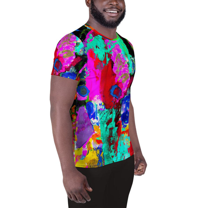 Mens Stretch Fit Athletic Sports T-shirt - Red Multicolor Abstract Print