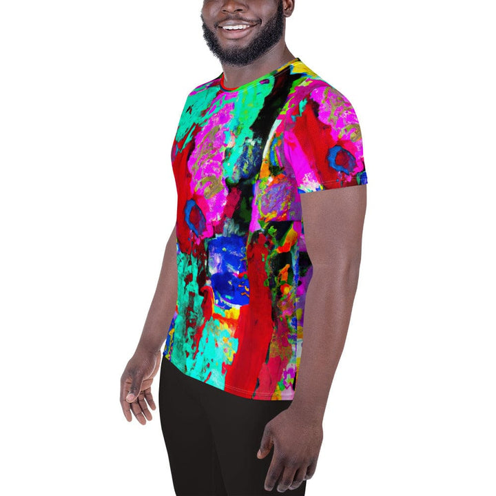 Mens Stretch Fit Athletic Sports T-shirt - Red Multicolor Abstract Print