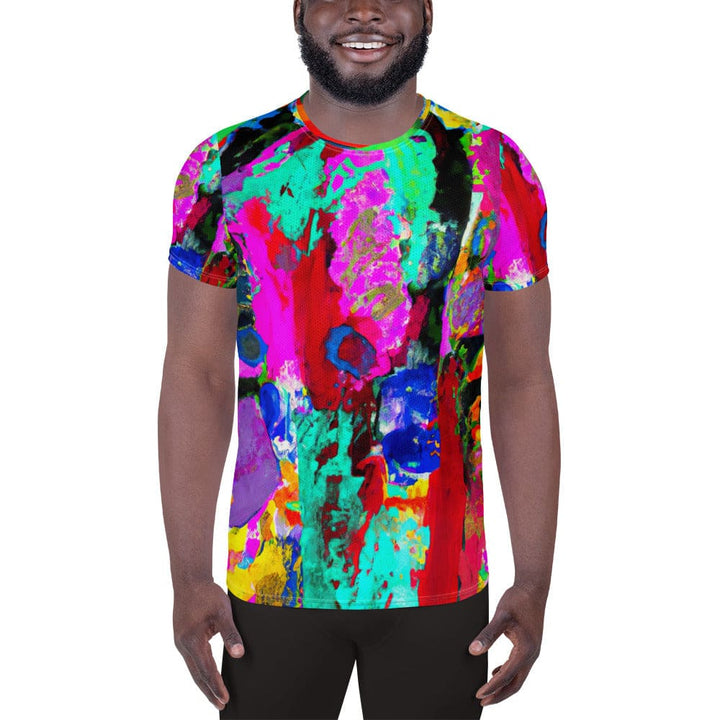 Mens Stretch Fit Athletic Sports T-shirt - Red Multicolor Abstract Print