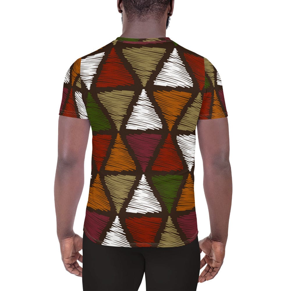 Mens Stretch Fit Athletic Sports T-shirt - Red Green Geometric Lines