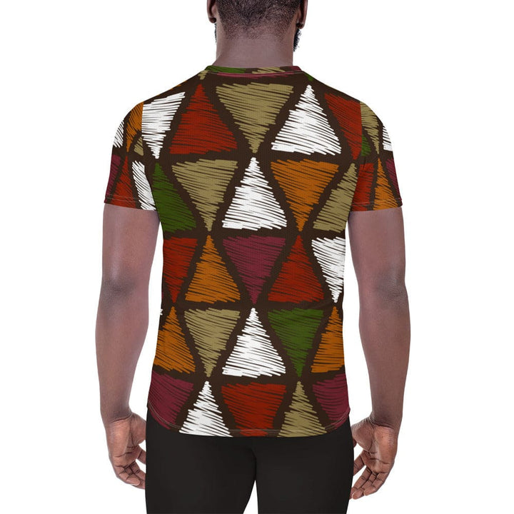 Mens Stretch Fit Athletic Sports T-shirt - Red Green Geometric Lines