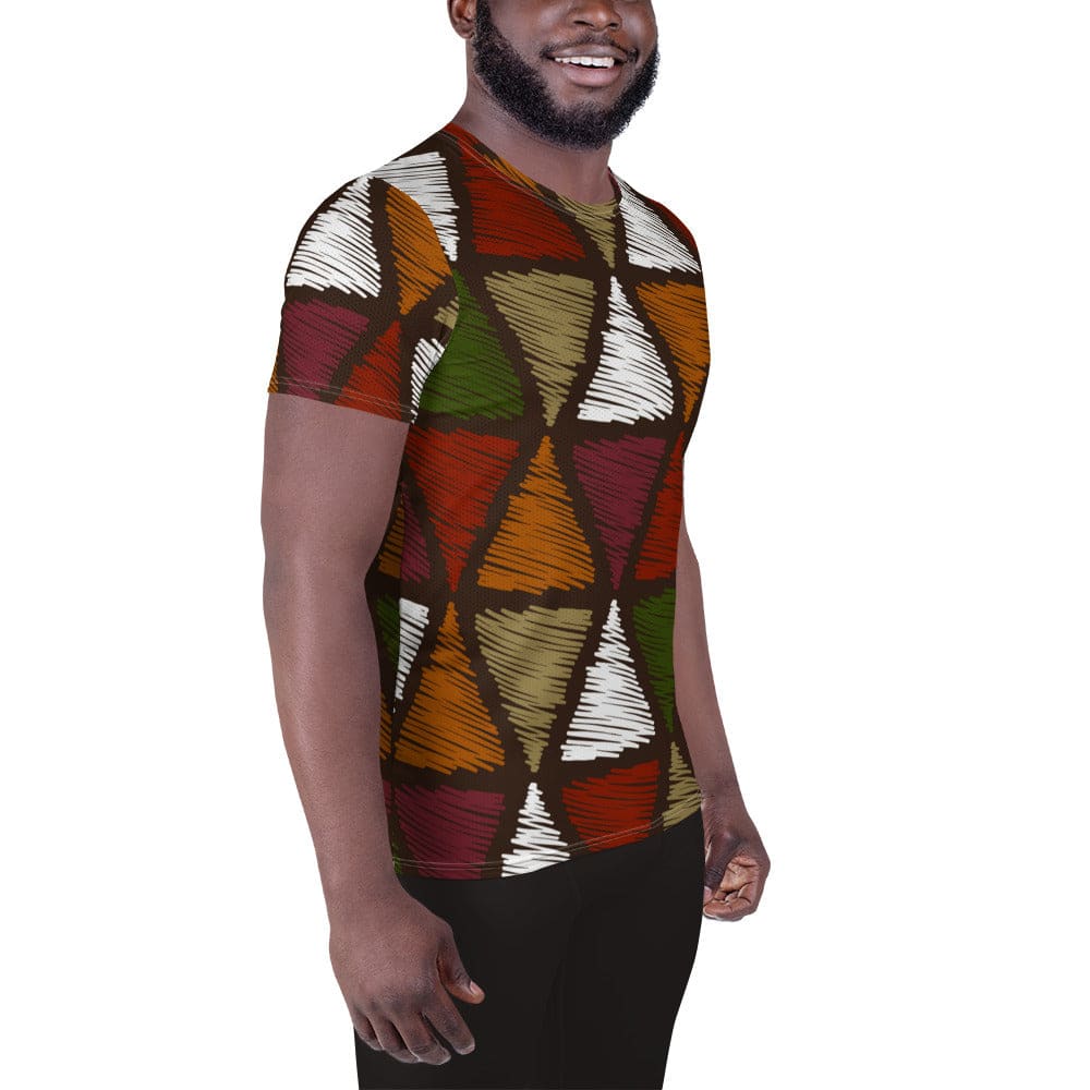 Mens Stretch Fit Athletic Sports T-shirt - Red Green Geometric Lines