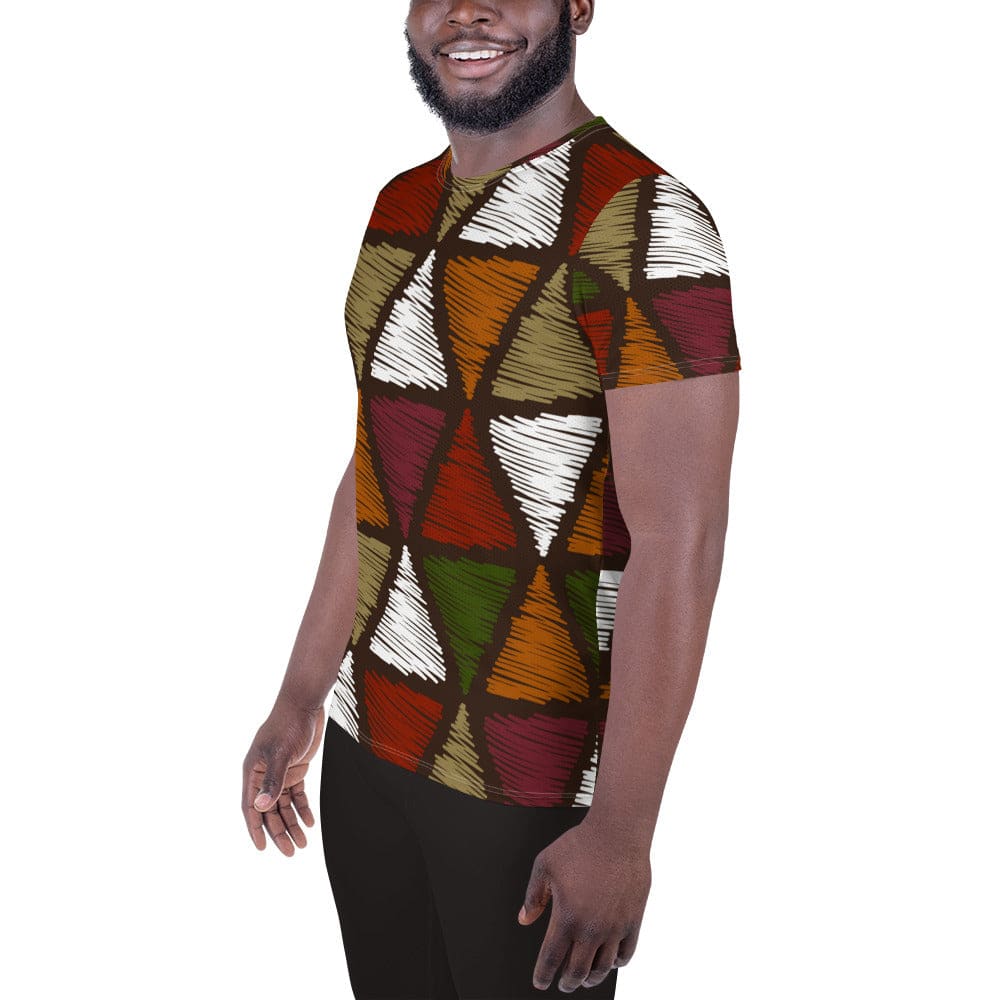 Mens Stretch Fit Athletic Sports T-shirt - Red Green Geometric Lines