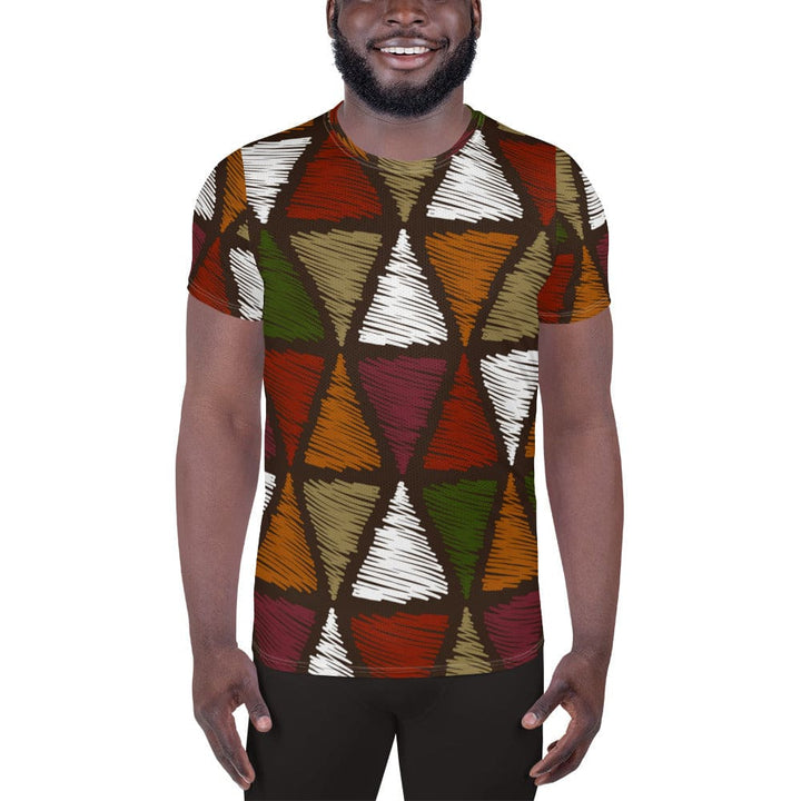 Mens Stretch Fit Athletic Sports T-shirt - Red Green Geometric Lines