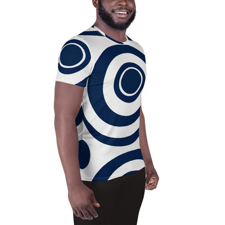 Mens Stretch Fit Athletic Sports T-shirt - Navy Blue and White Circular
