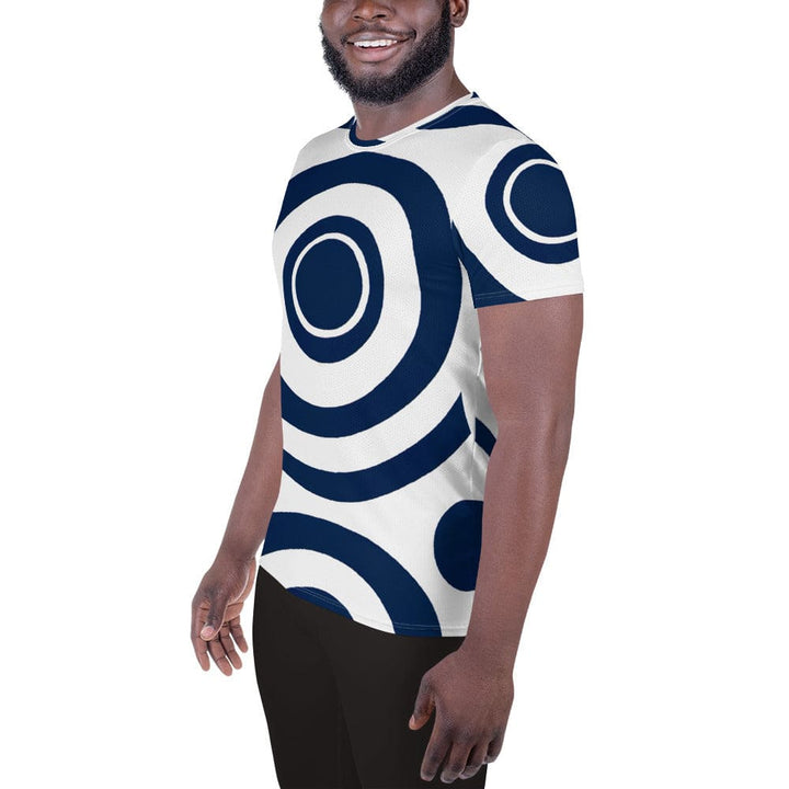 Mens Stretch Fit Athletic Sports T-shirt - Navy Blue and White Circular