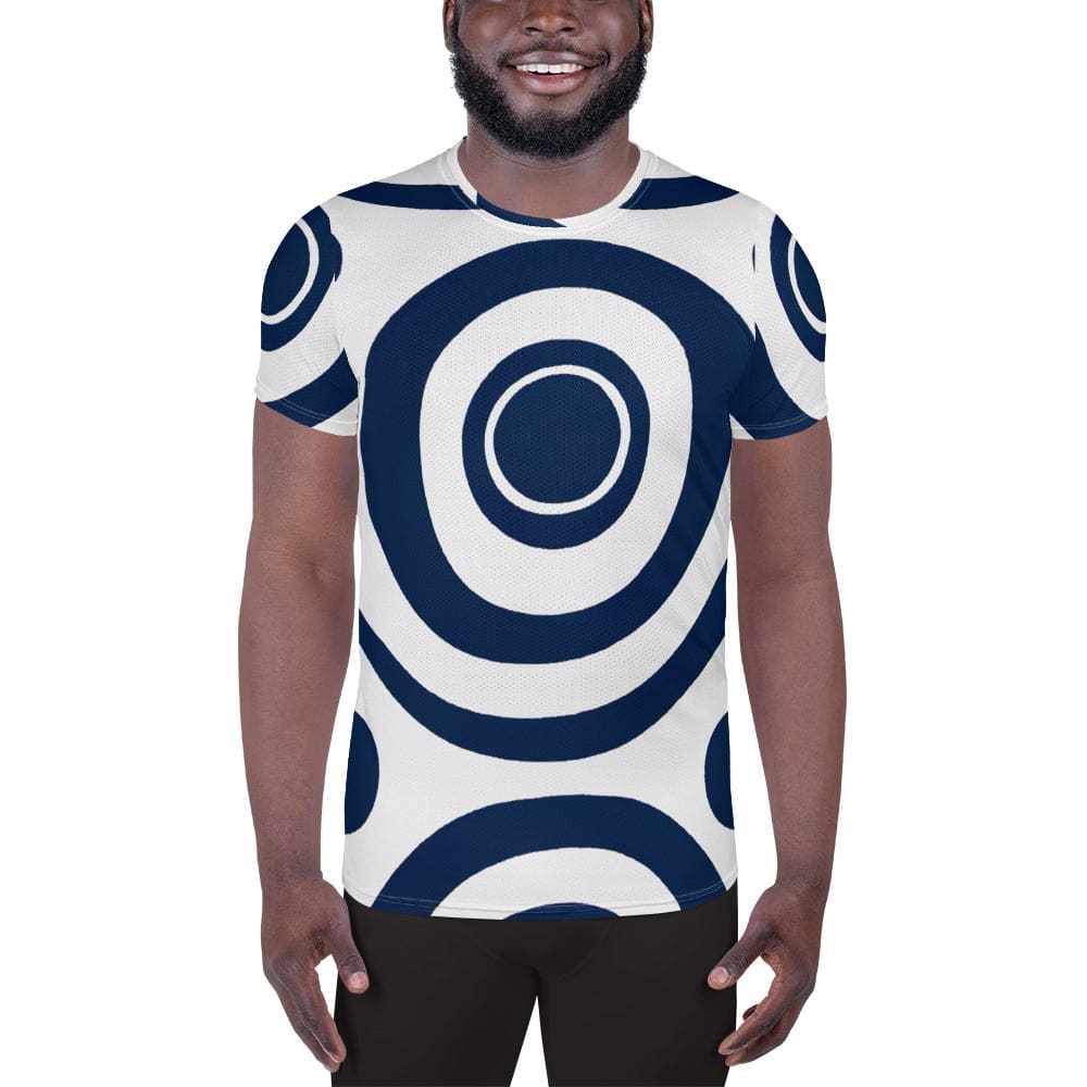 Mens Stretch Fit Athletic Sports T-shirt - Navy Blue and White Circular
