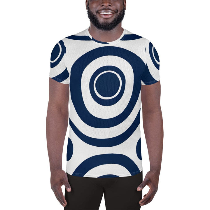 Mens Stretch Fit Athletic Sports T-shirt - Navy Blue and White Circular