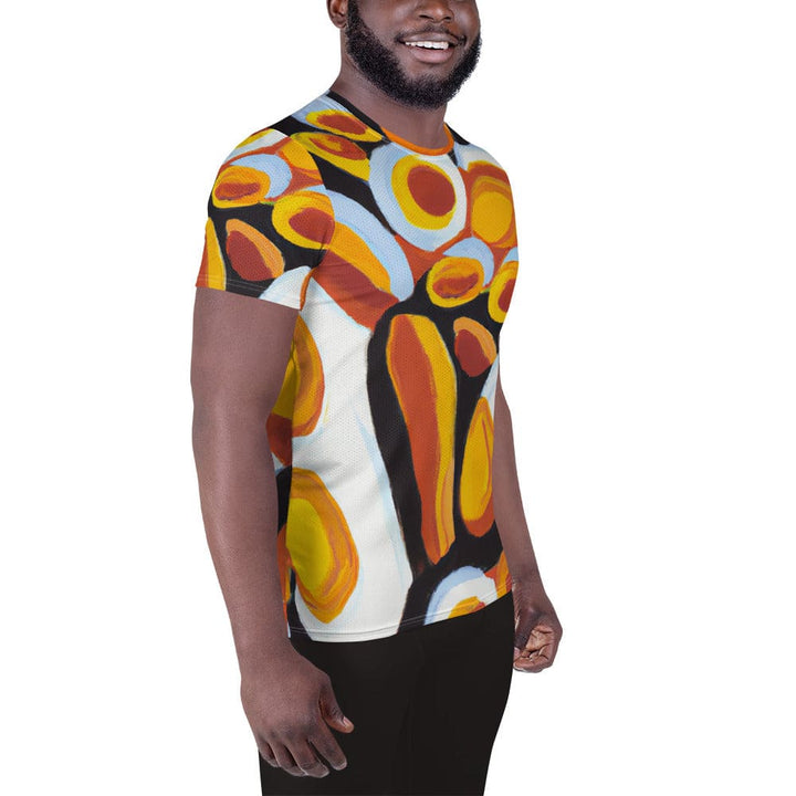 Mens Stretch Fit Athletic Sports T-shirt - Orange Black White Geometric