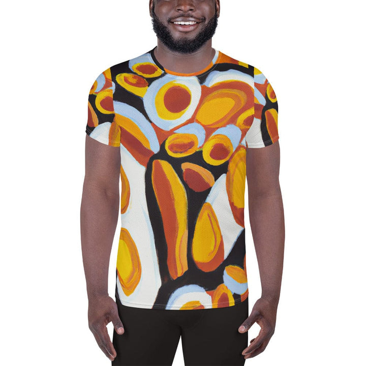 Mens Stretch Fit Athletic Sports T-shirt - Orange Black White Geometric