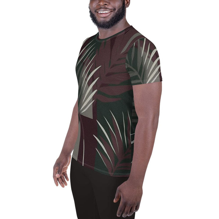 Mens Stretch Fit Athletic Sports T-shirt - Palm Tree Leaves Maroon Green