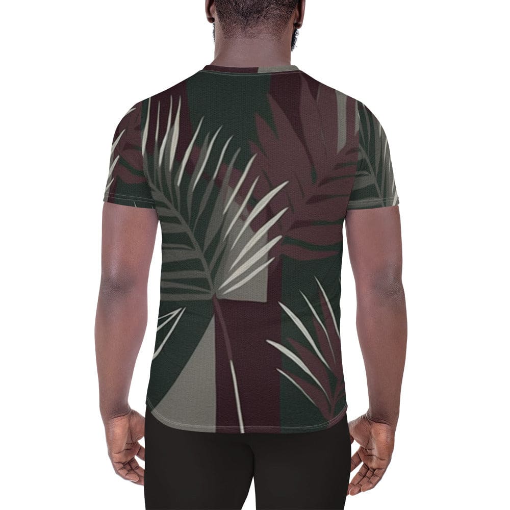 Mens Stretch Fit Athletic Sports T-shirt - Palm Tree Leaves Maroon Green