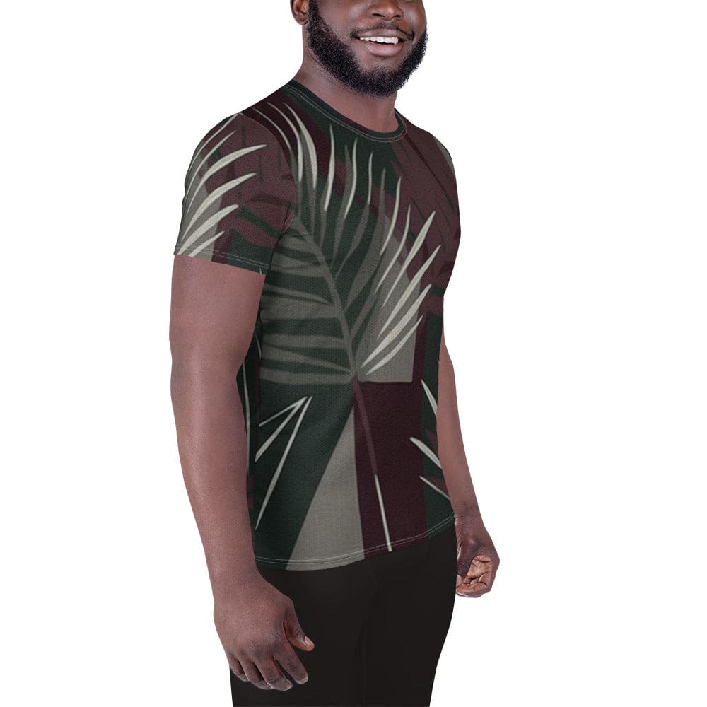 Mens Stretch Fit Athletic Sports T-shirt - Palm Tree Leaves Maroon Green