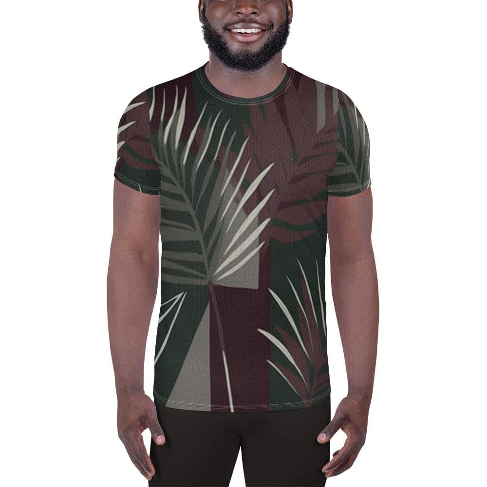 Mens Stretch Fit Athletic Sports T-shirt - Palm Tree Leaves Maroon Green