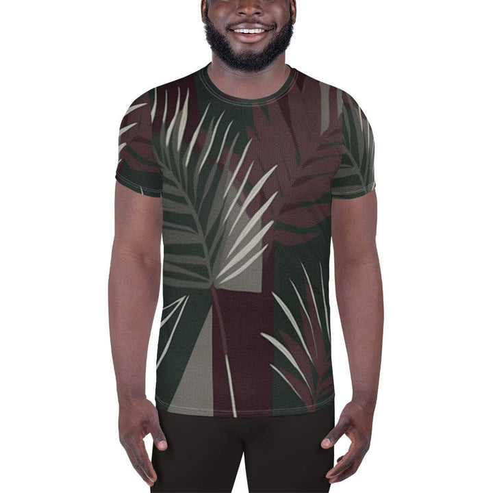 Mens Stretch Fit Athletic Sports T-shirt - Palm Tree Leaves Maroon Green