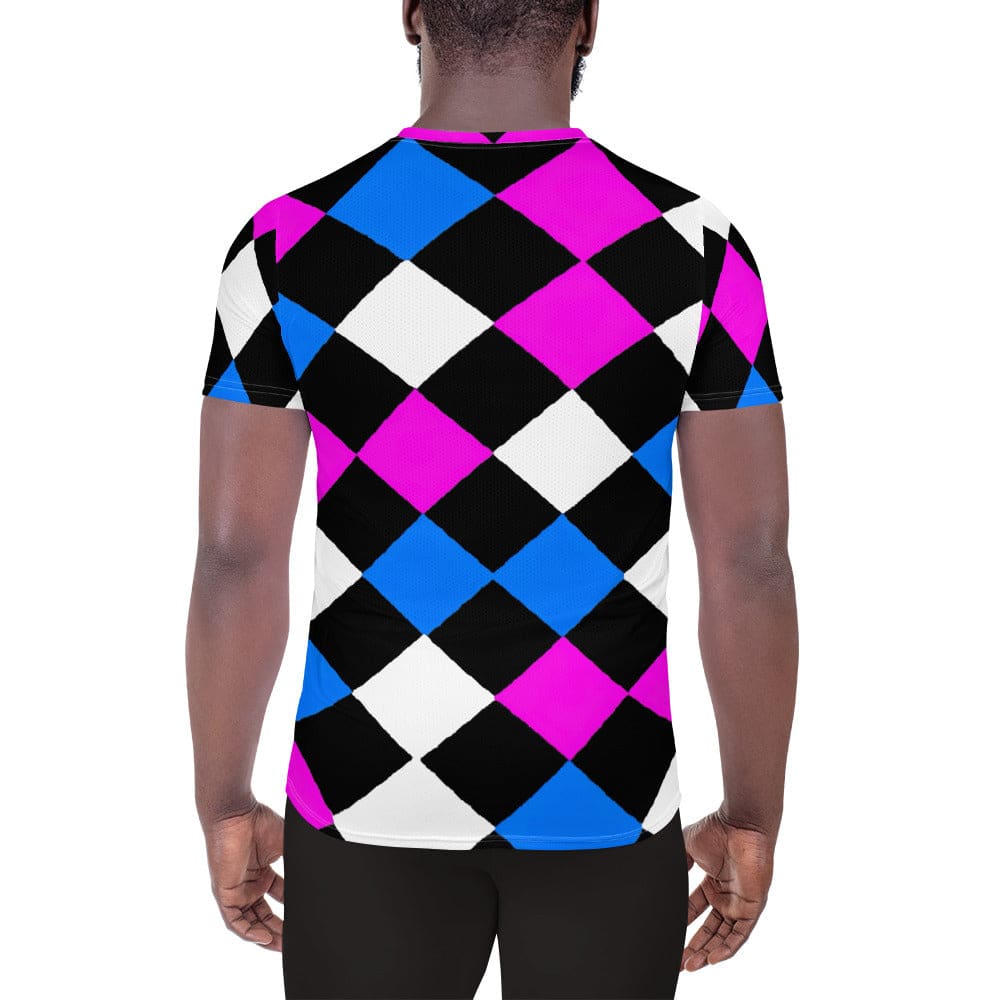 Mens Stretch Fit Athletic Sports T-shirt - Pink Blue Checkered Pattern