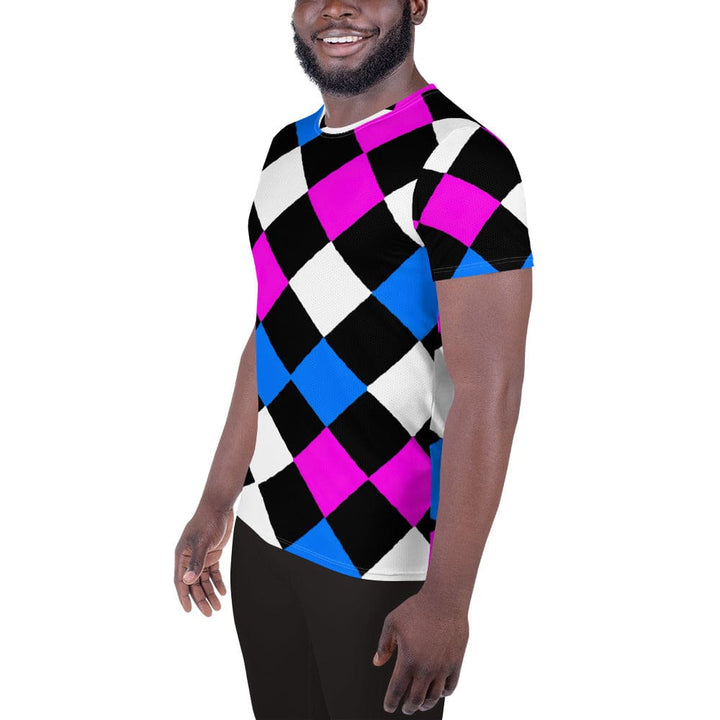 Mens Stretch Fit Athletic Sports T-shirt - Pink Blue Checkered Pattern