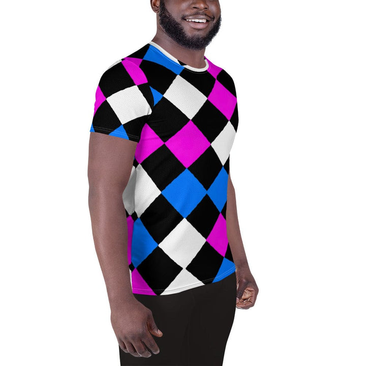 Mens Stretch Fit Athletic Sports T-shirt - Pink Blue Checkered Pattern