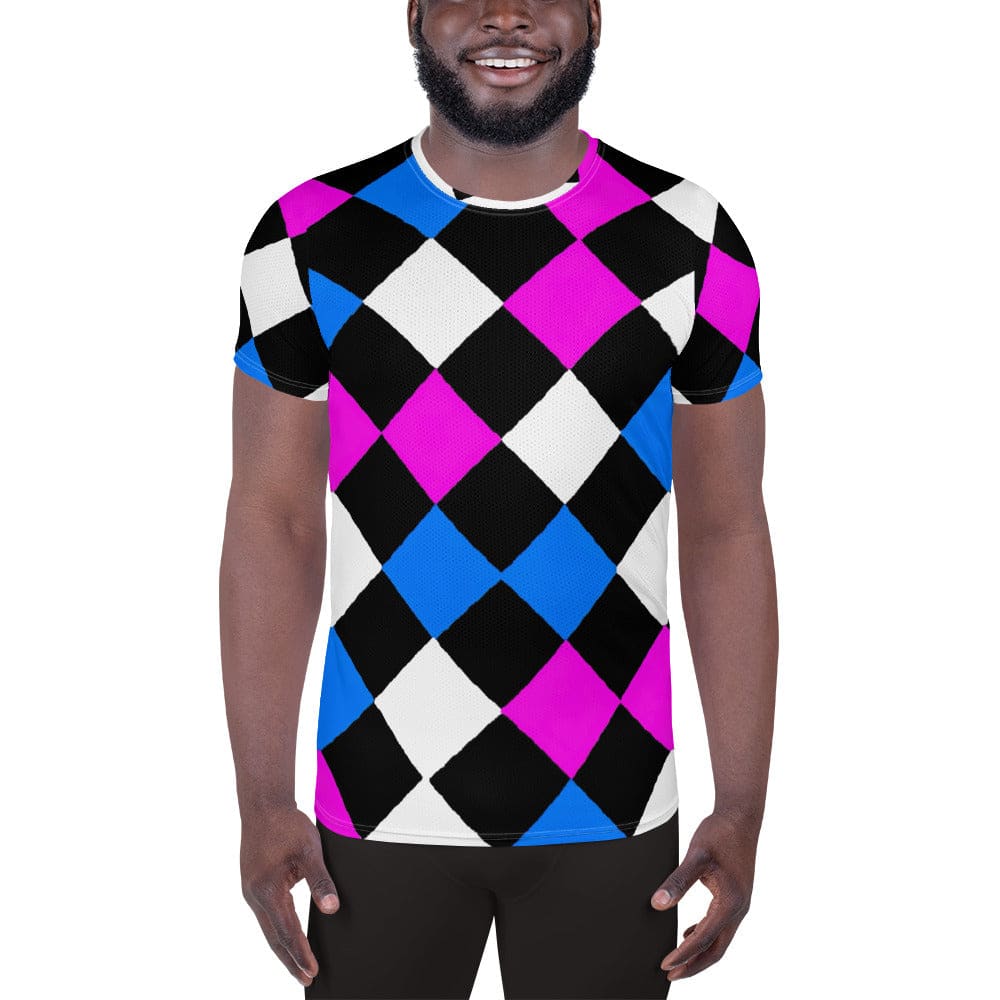 Mens Stretch Fit Athletic Sports T-shirt - Pink Blue Checkered Pattern