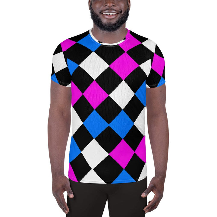 Mens Stretch Fit Athletic Sports T-shirt - Pink Blue Checkered Pattern