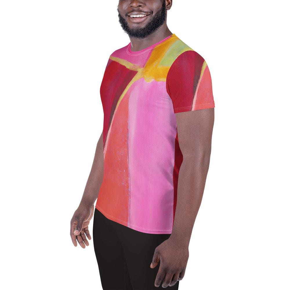 Mens Stretch Fit Athletic Sports T-shirt - Pink Mauve Red Geometric
