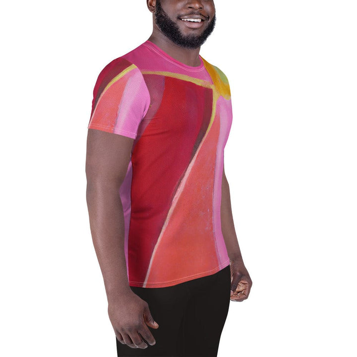 Mens Stretch Fit Athletic Sports T-shirt - Pink Mauve Red Geometric