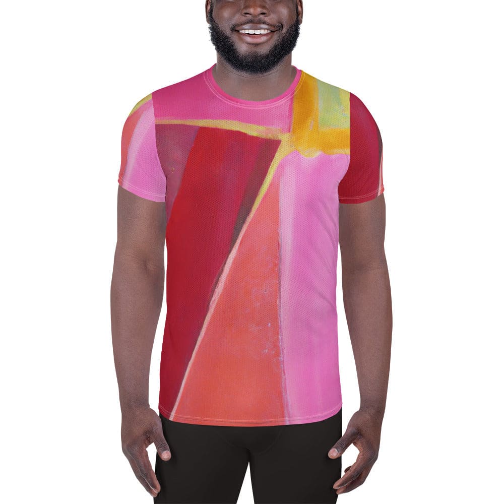 Mens Stretch Fit Athletic Sports T-shirt - Pink Mauve Red Geometric
