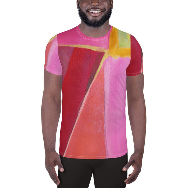 Mens Stretch Fit Athletic Sports T-shirt - Pink Mauve Red Geometric