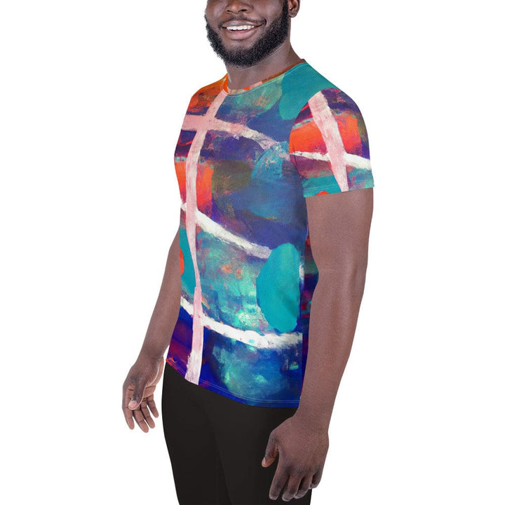 Mens Stretch Fit Athletic Sports T-shirt - Red Blue Multicolor Abstract